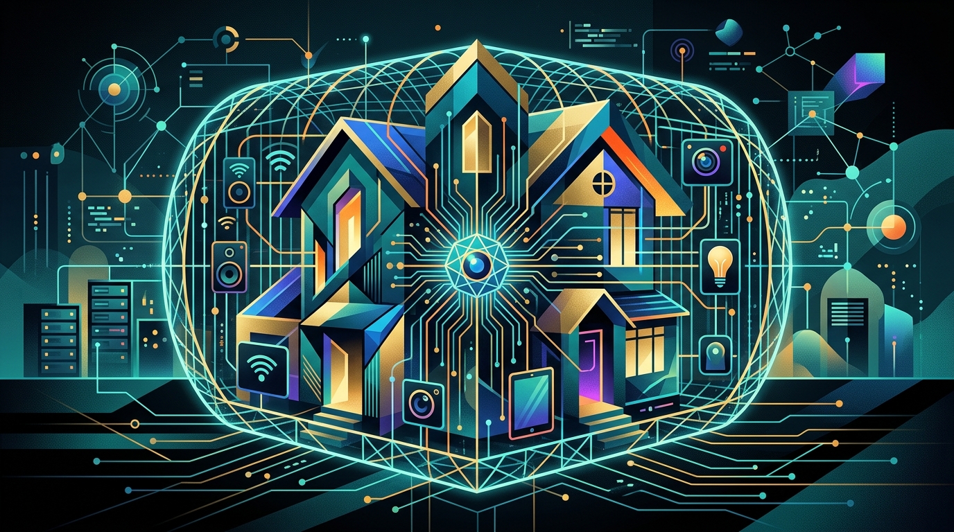 A smart home interior overlaid with digital grid lines representing data surveillance.