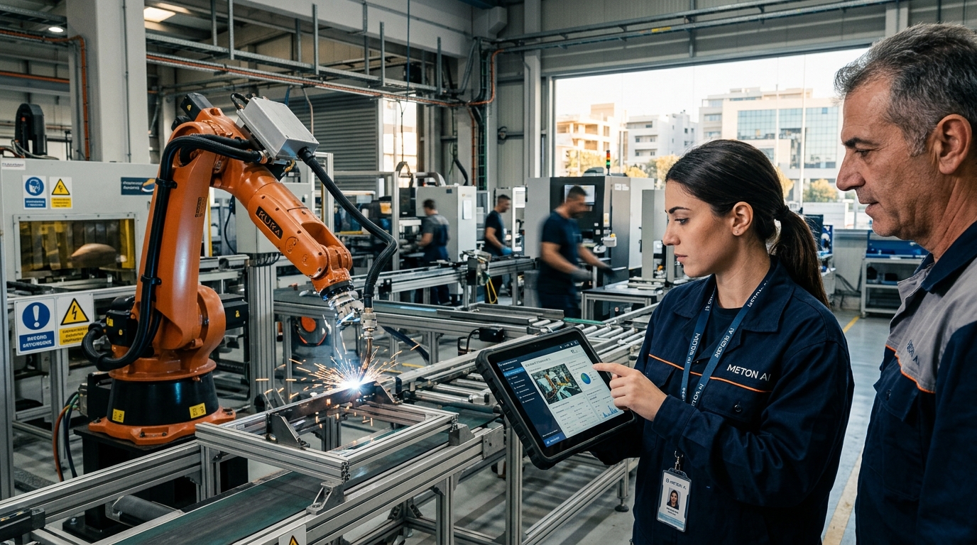 Modern smart factory using Industrial AI and robotics for autonomous manufacturing.