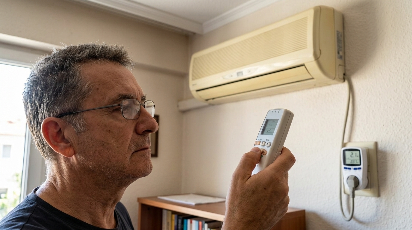 Modern air conditioning unit on a wall illustrating standby AC power consumption.