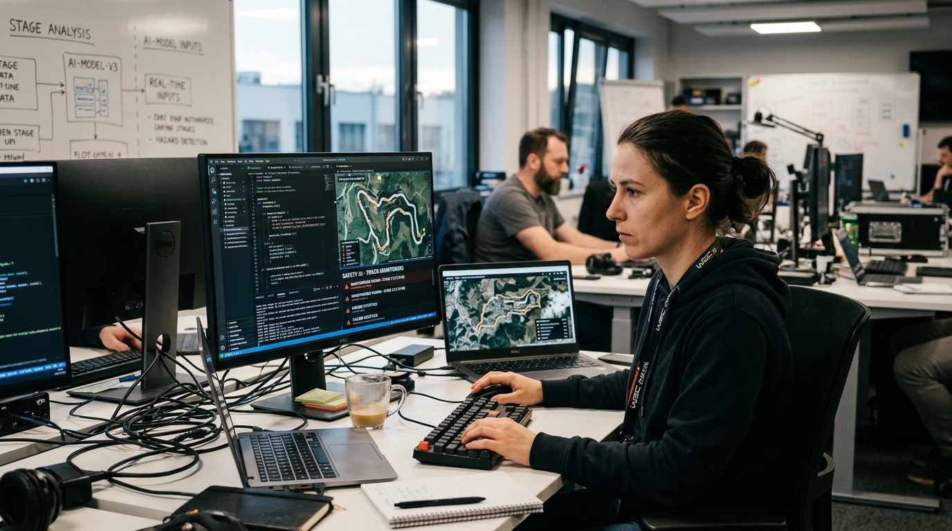 AI system analyzing spectator safety during a WRC special stage rally event.