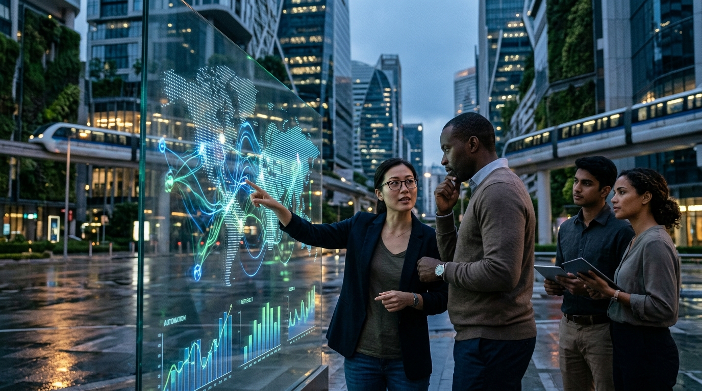 Digital representation of artificial intelligence impacting the job market and reskilling.