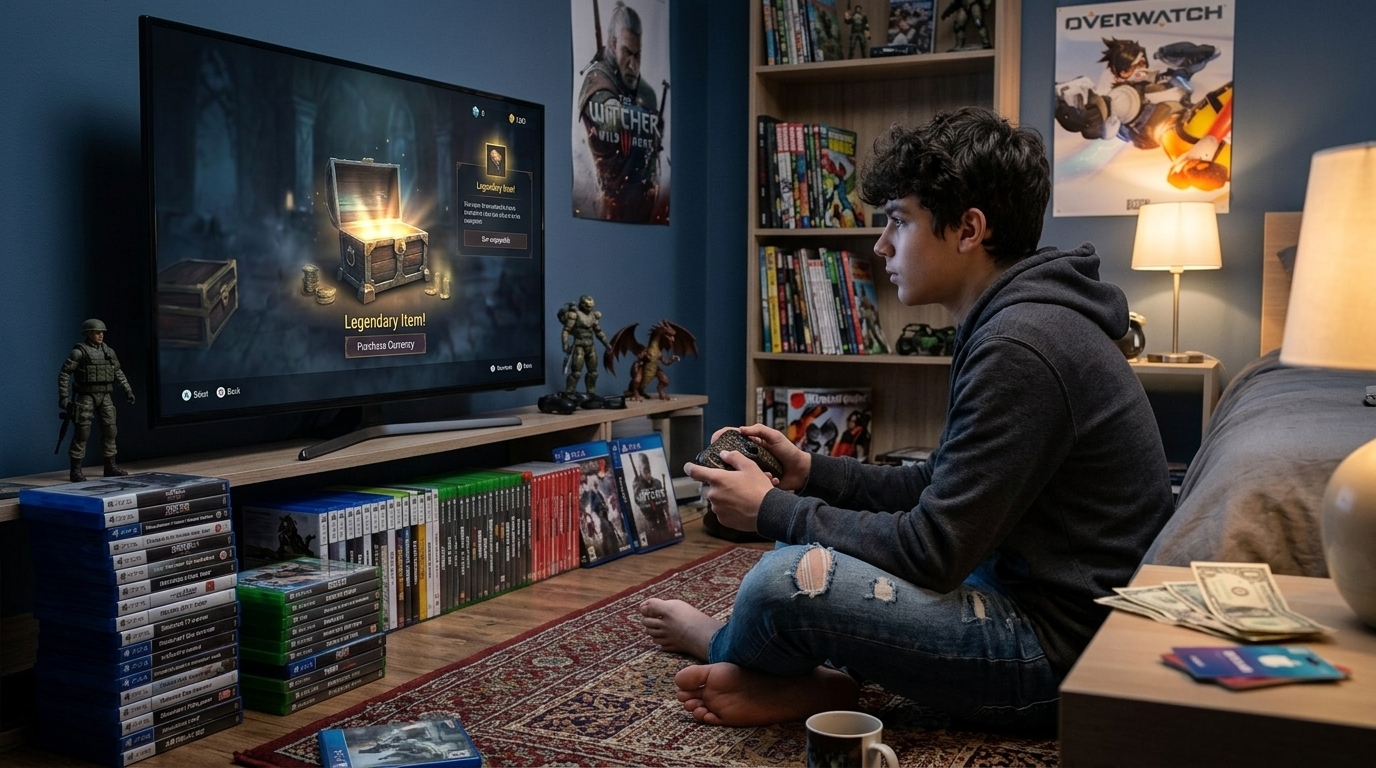 Ψηφιακό loot box σε video game με γραφικά που υποδηλώνουν αγορές εντός παιχνιδιού.