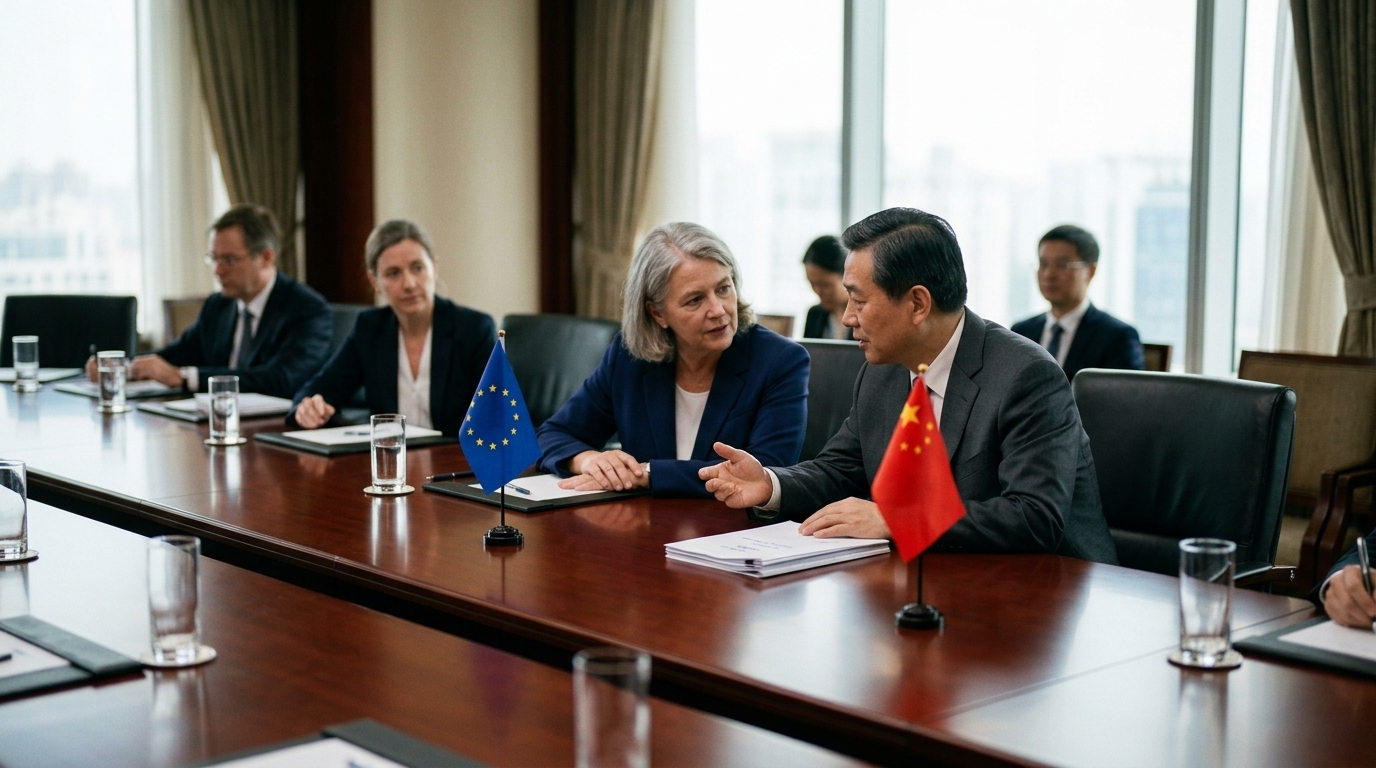EU and China flags representing the trade war and geopolitical tension.