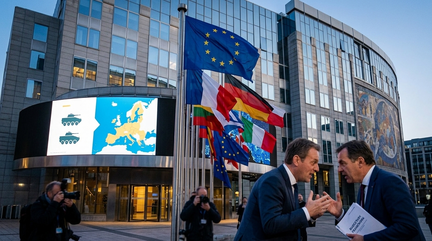 Symbolic image of the EU flag representing the budget, defense, and artificial intelligence.