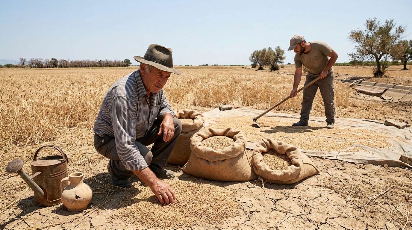 Dry wheat field during a drought impacting global wheat prices.