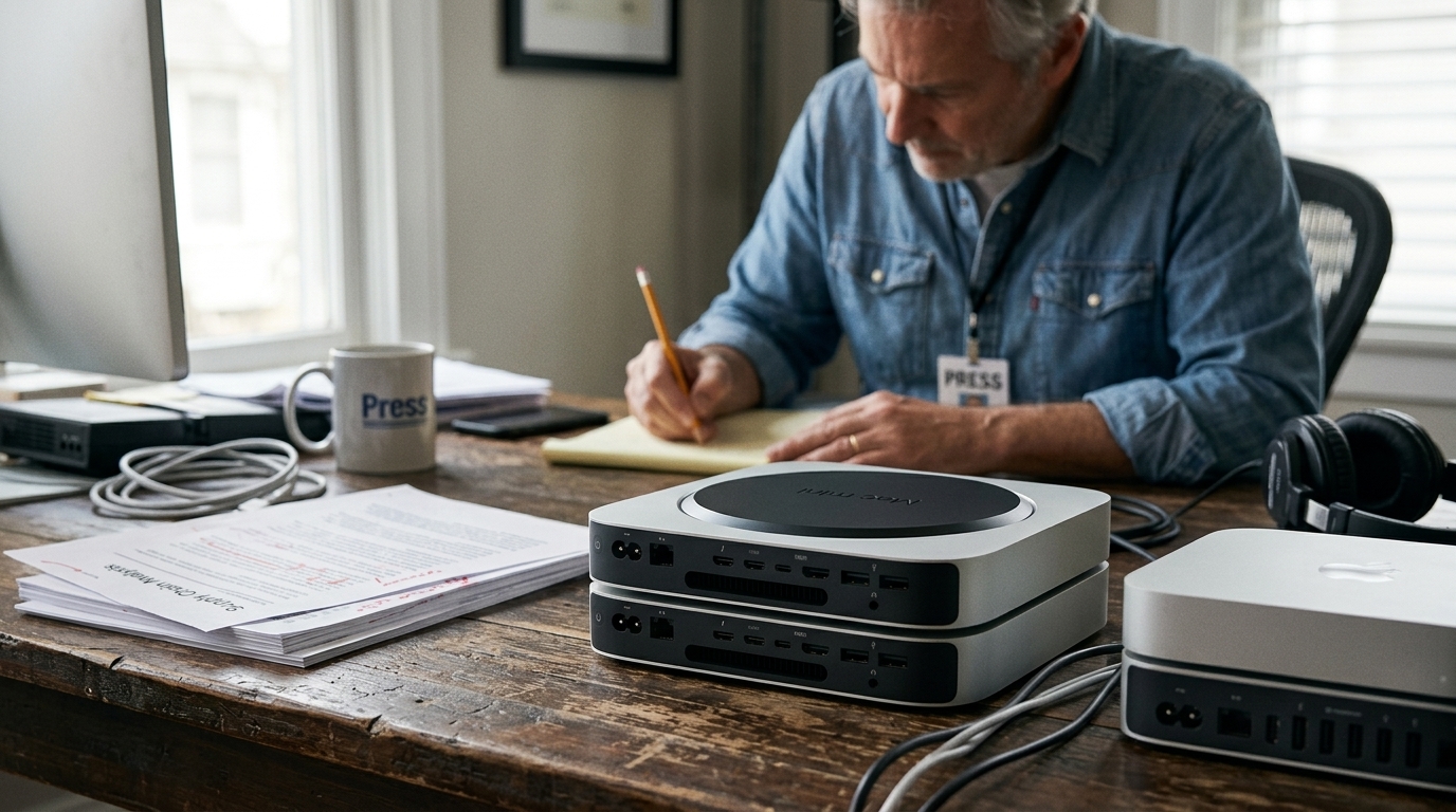 Το νέο Apple Mac Mini σε γραφείο με έμφαση στις δυνατότητες επεξεργασίας τεχνητής νοημοσύνης.