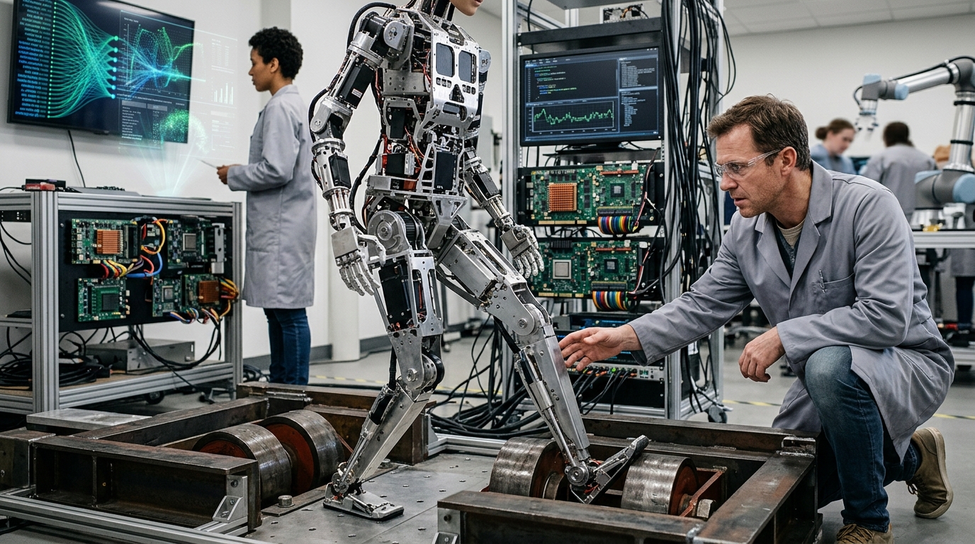 Humanoid robots in a city setting with visual representation of magnetic field interference.