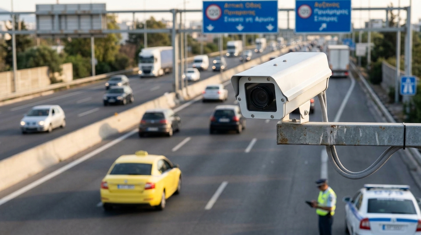 Modern smart traffic cameras with AI technology for road safety enforcement in Greece.