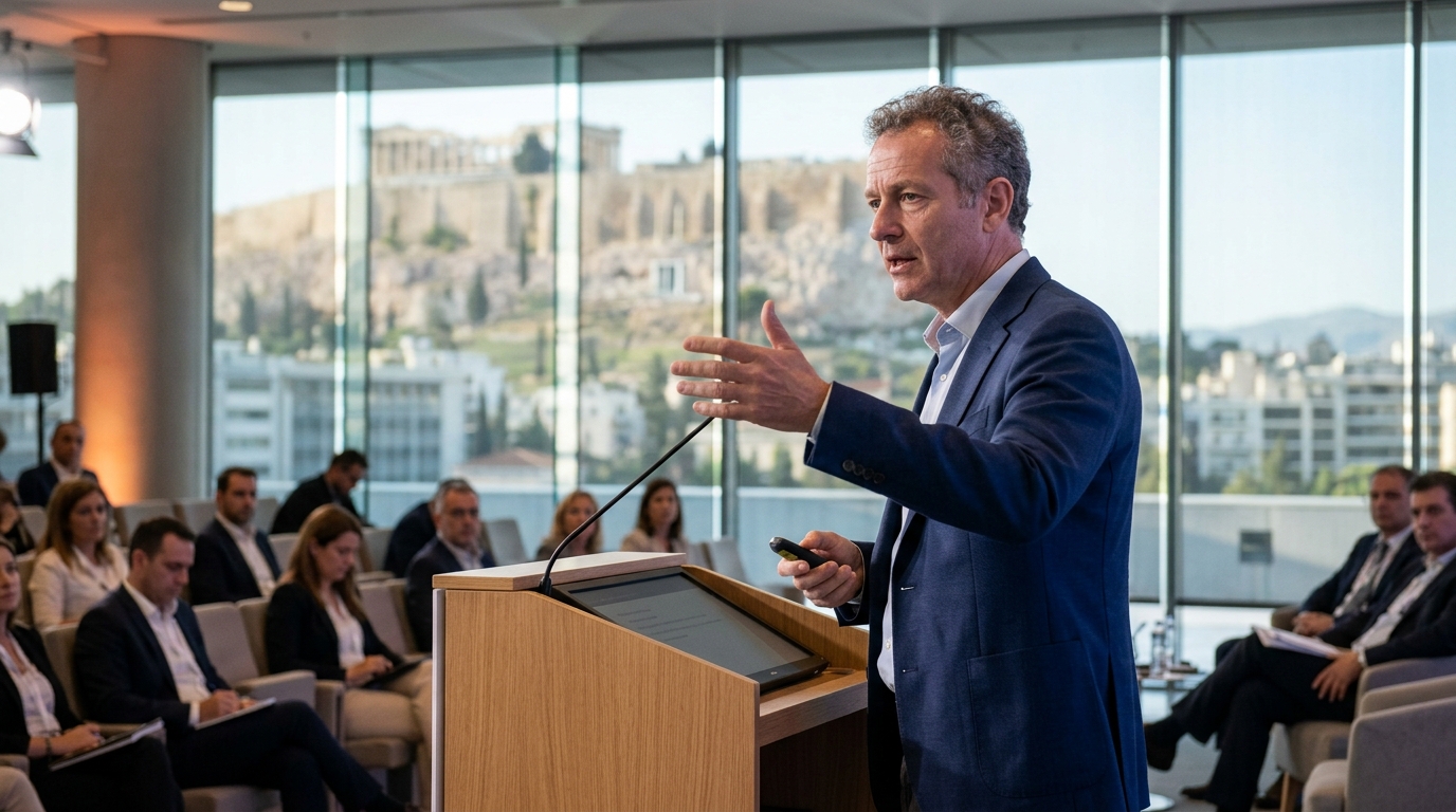 Minister Theodoros Skylakakis discussing Artificial Intelligence in Greece.
