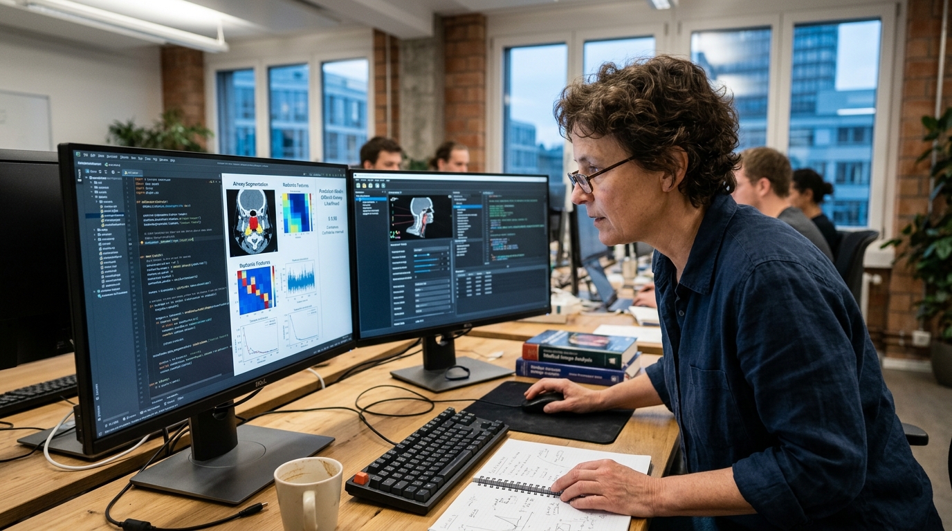 AI software analyzing a CT scan for difficult airway prediction in anesthesiology to improve patient safety.