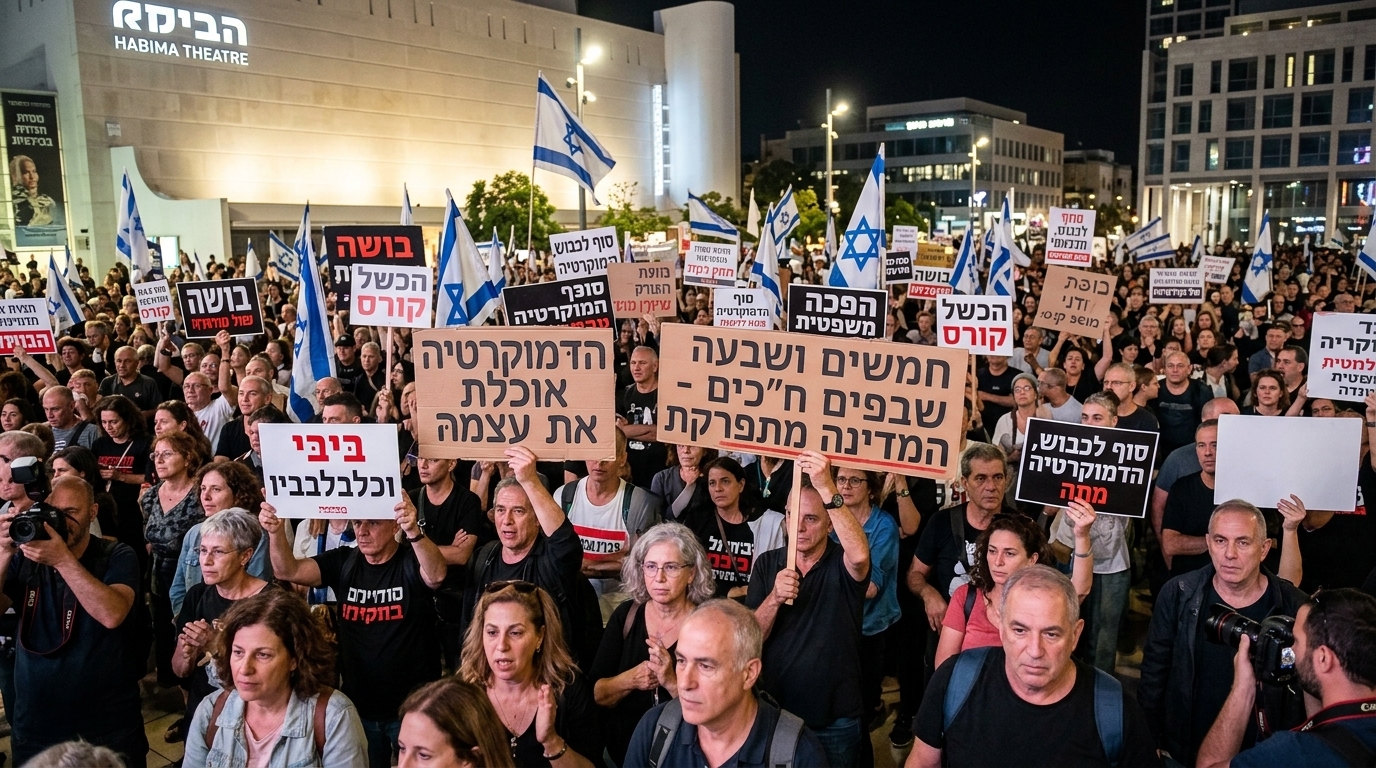 Protesters at Habima Square in Tel Aviv demonstrating against Netanyahu's government.