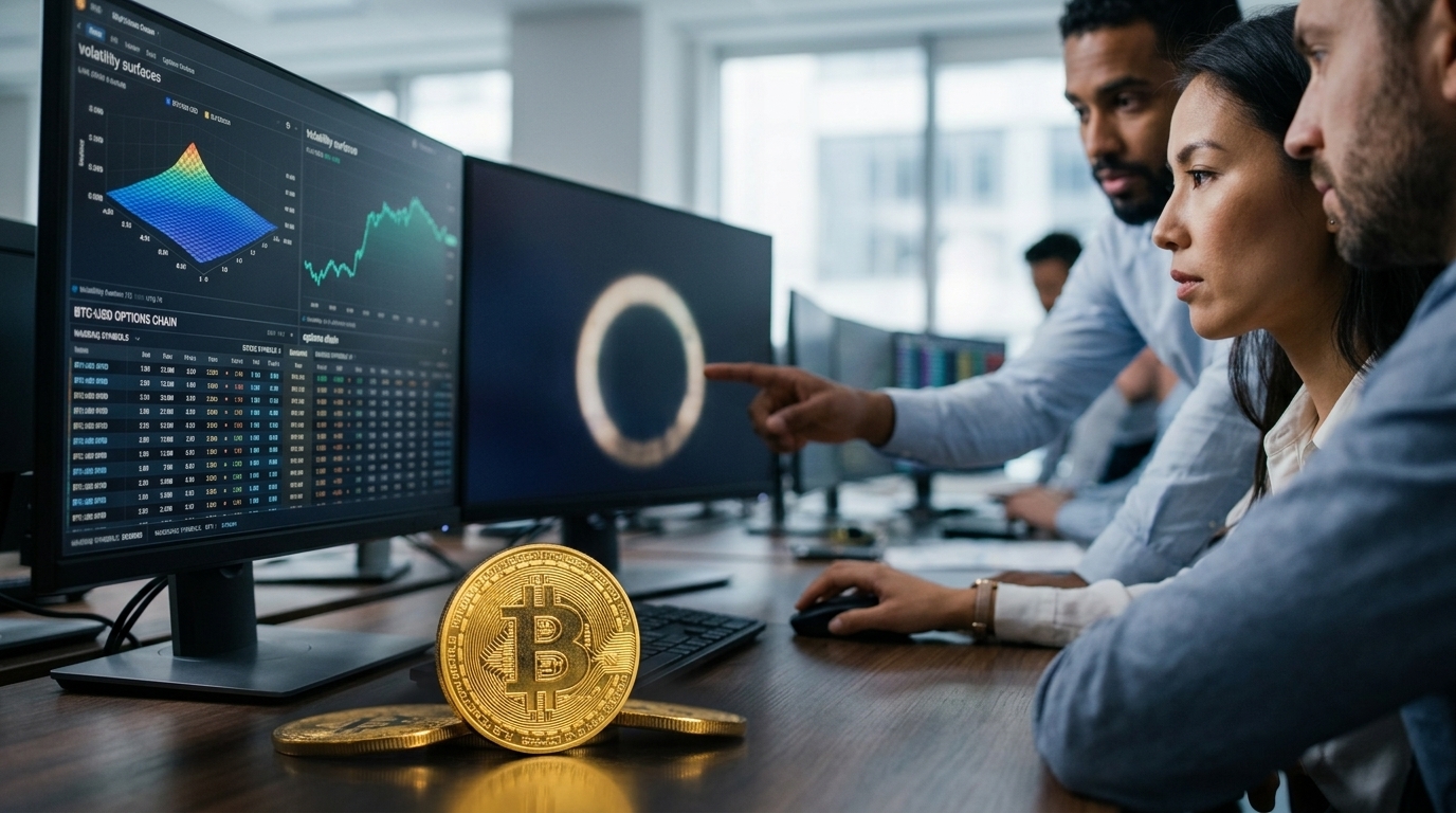 Bitcoin logo next to a Nasdaq trading screen displaying Bitcoin Options data.