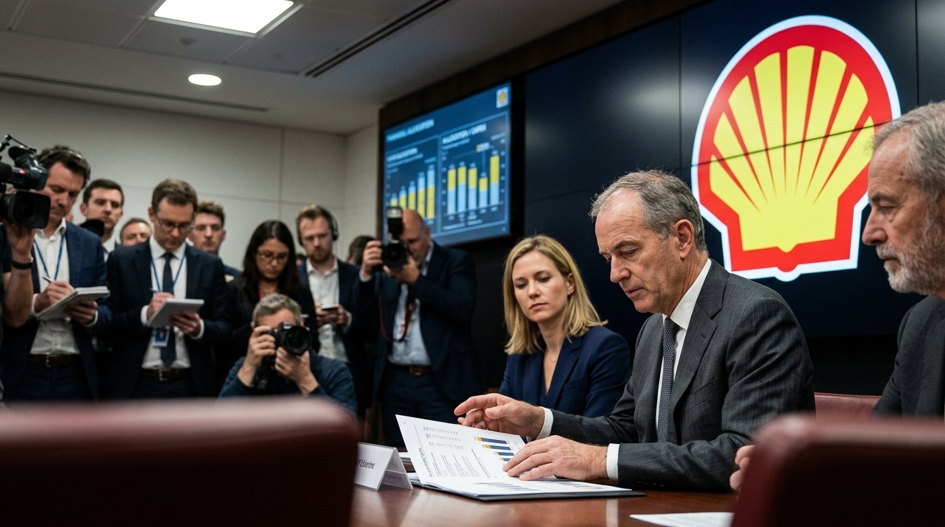 Shell logo against a backdrop of stock market indices regarding share buybacks.