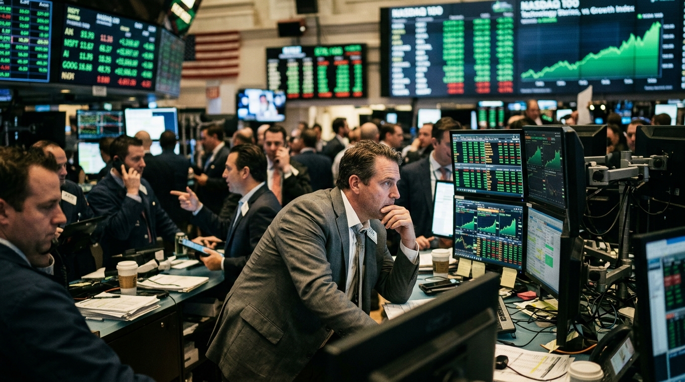 Digital representation of stock market indices and AI stocks on the Nasdaq.