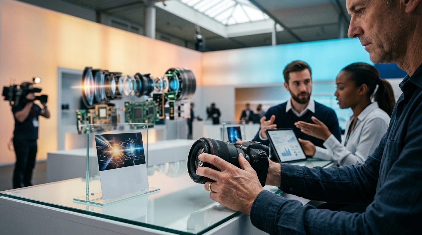 Φωτογραφική μηχανή Canon mirrorless σε προσφορά με φόντο τεχνολογίας AI.
