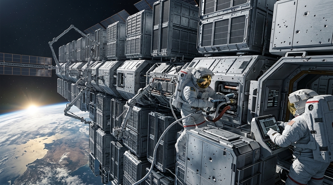 Solar-powered data center satellite in orbit illustrating orbital AI concepts.