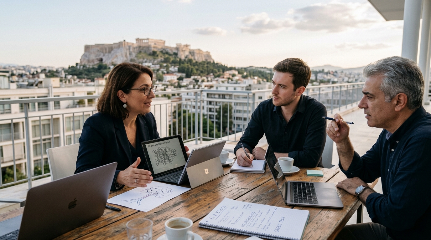 Ψηφιακή απεικόνιση σύνδεσης τεχνητής νοημοσύνης με τον ανθρώπινο εγκέφαλο.