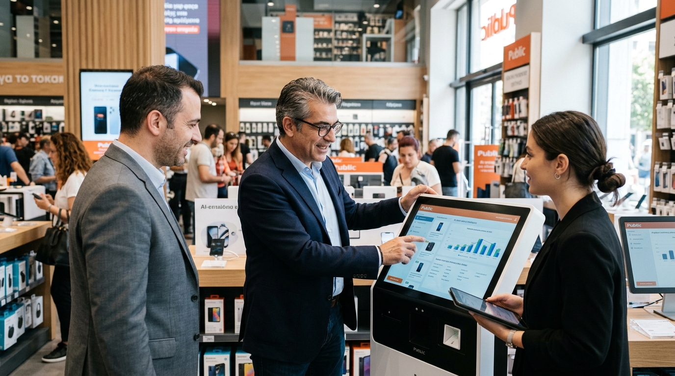 Σύγχρονα AI PCs σε κατάστημα Public στο πλαίσιο της AI λιανικής στην Ελλάδα.
