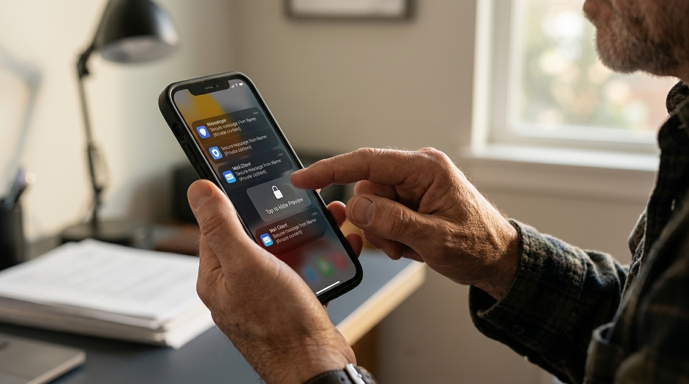 Notification icon on an iPhone screen highlighting phone privacy and security.