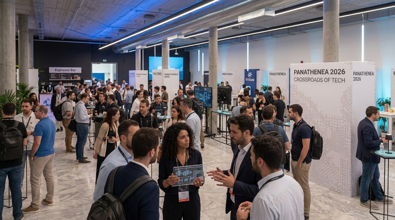 Tech conference attendees networking at Panathenea 2026 in Athens, Greece.