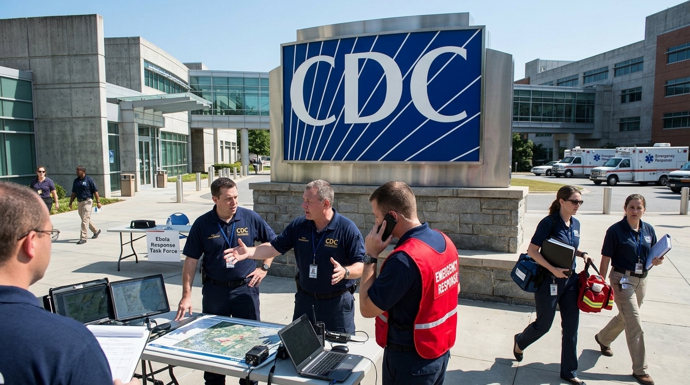CDC personnel using AI surveillance tools to track Ebola virus spread in Africa.