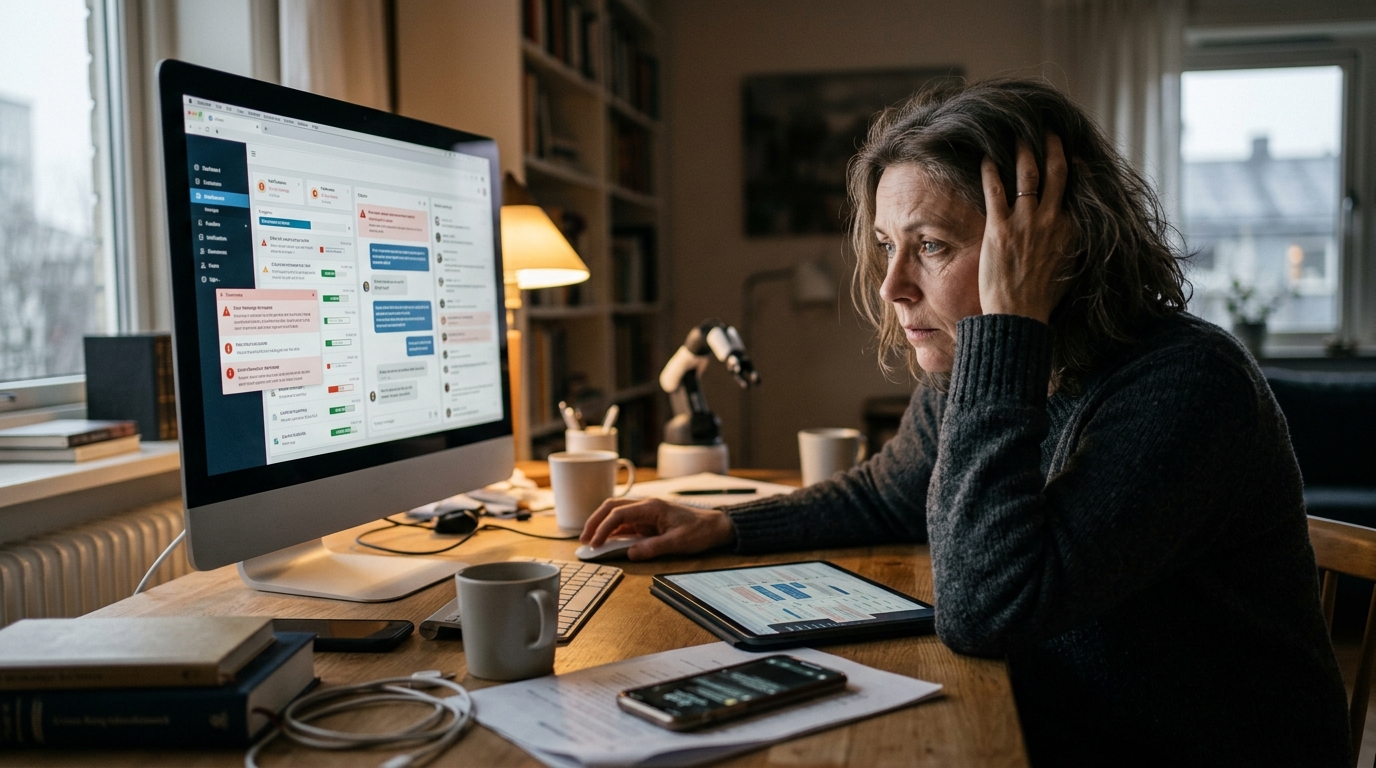 A worker supervising AI screens, illustrating the concept of botsitting and lost productivity.