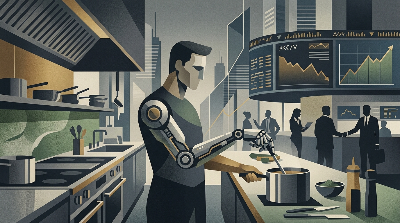A robotic arm preparing food in a modern automated kitchen using AI technology.