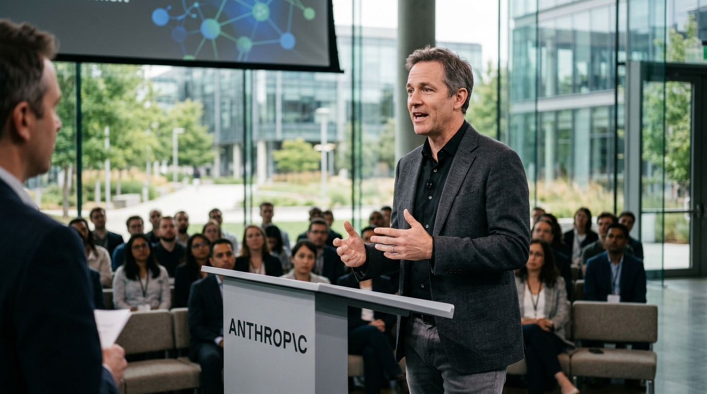 Anthropic logo on a digital background representing the company's market valuation and AI growth.