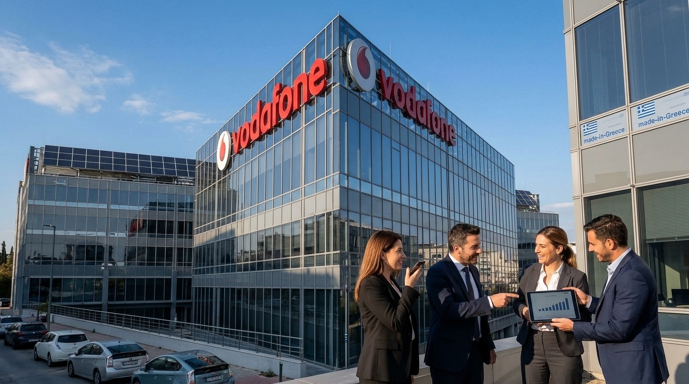 Το λογότυπο της Vodafone σε κτίριο γραφείων, αντιπροσωπεύοντας τα οικονομικά αποτελέσματα της εταιρείας.