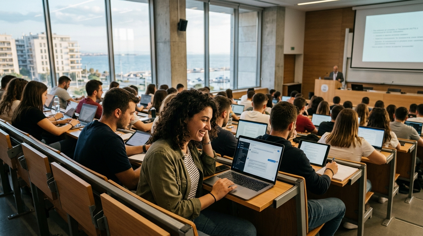 University students at AUTH using Artificial Intelligence tools on laptops during a lecture.