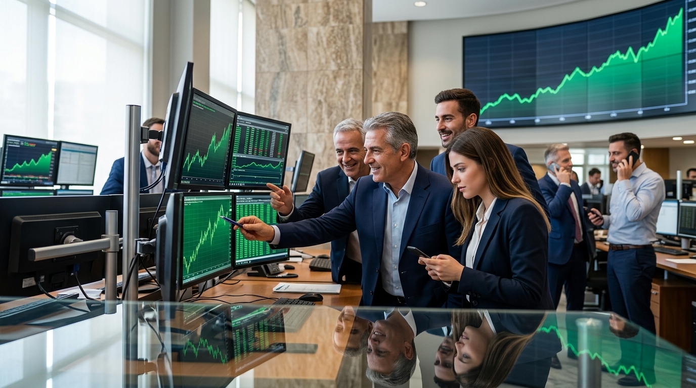 The Athens Stock Exchange building with digital charts showing rising stock prices.