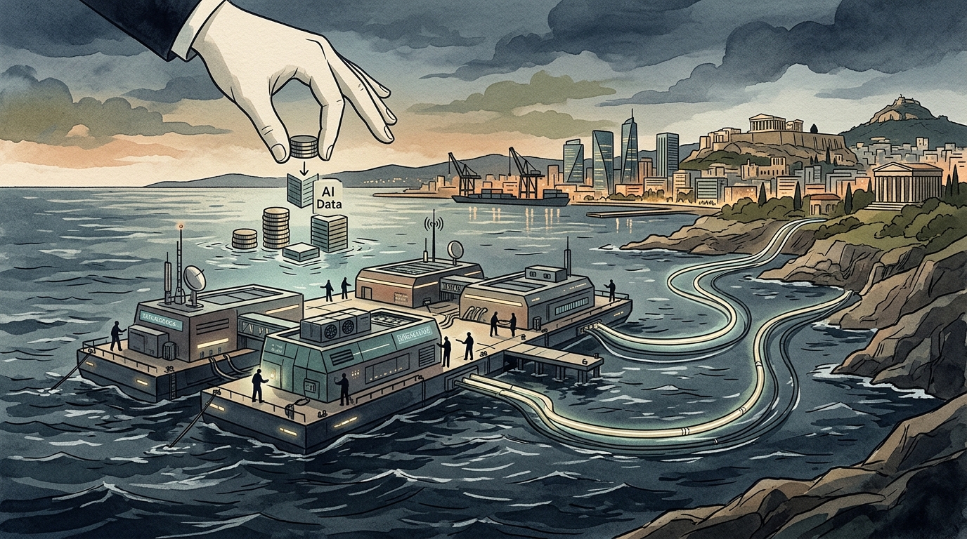 Futuristic floating data centers in the Pacific Ocean supporting AI infrastructure.