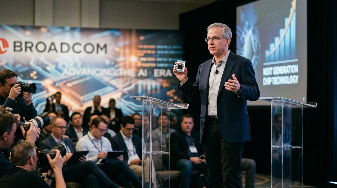Broadcom semiconductor chip highlighting AI technology and market growth.