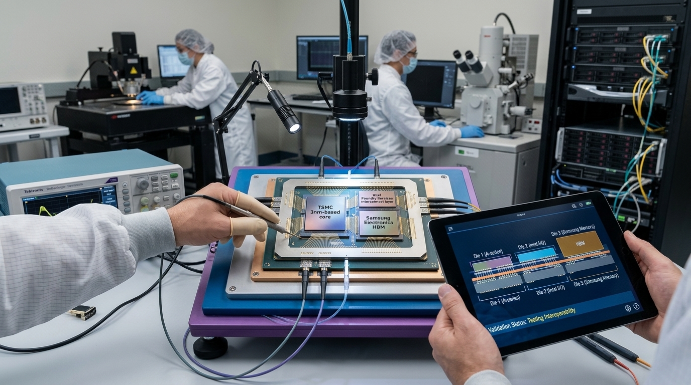 Apple Silicon chip displayed next to Intel and Samsung logos
