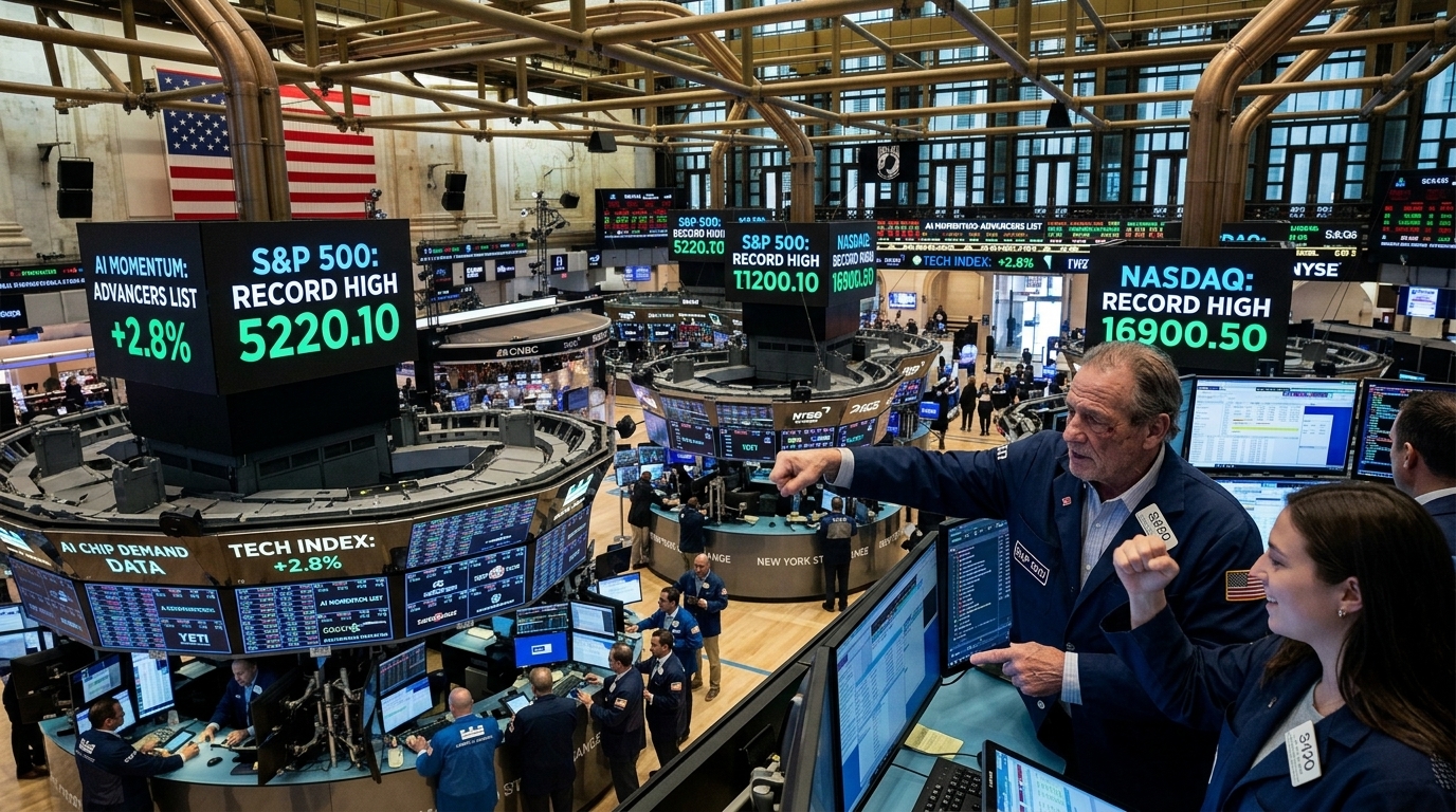 Wall Street stock market charts showing record growth driven by Artificial Intelligence.