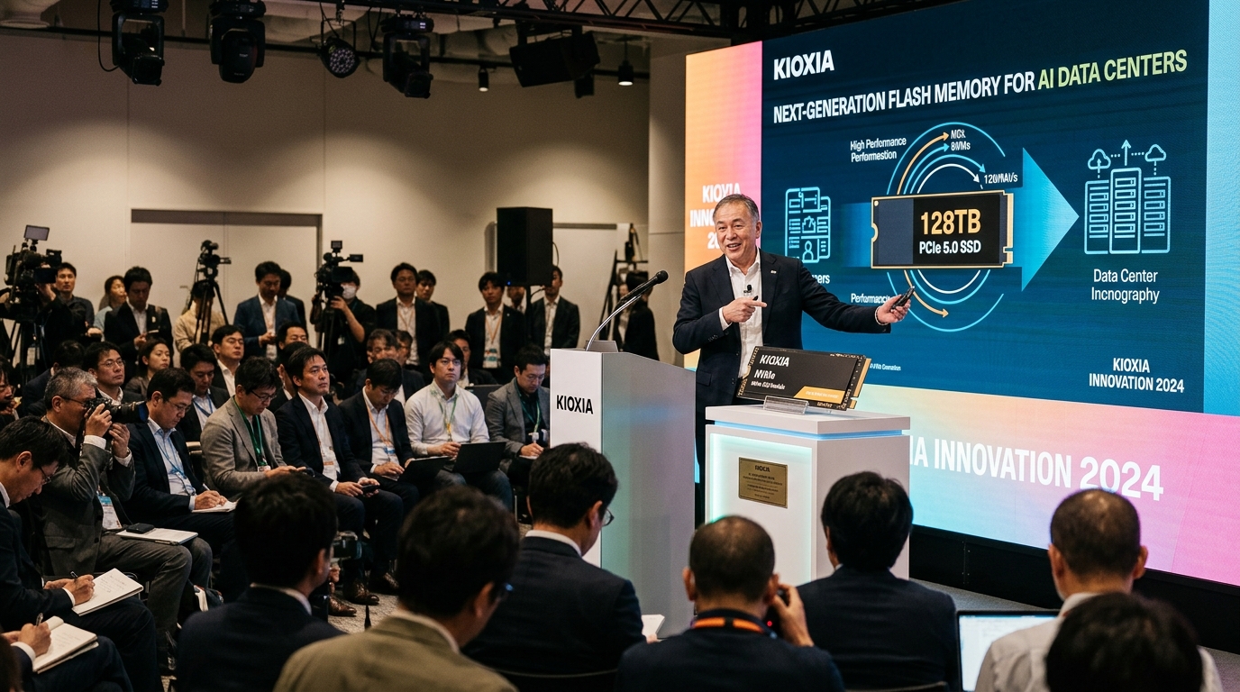 Κοντινό πλάνο σε τσιπ μνήμης flash της Kioxia για AI data centers.