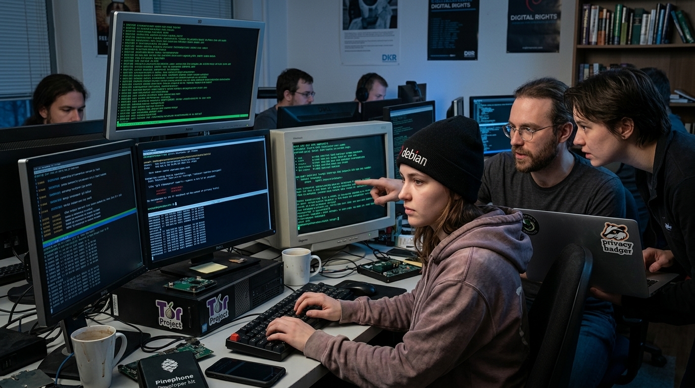 Προγραμματιστής Linux εργάζεται σε κώδικα με σύμβολα ψηφιακής προστασίας και ανοιχτού κώδικα.