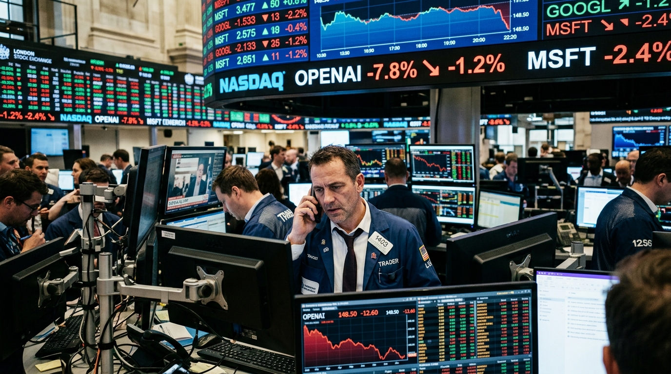Διάγραμμα πτώσης για τις μετοχές OpenAI με το λογότυπο της εταιρείας.