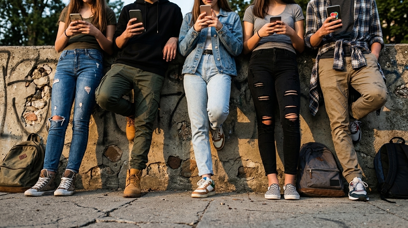 Έφηβος που χρησιμοποιεί smartphone με φόντο ψηφιακά εικονίδια social media.