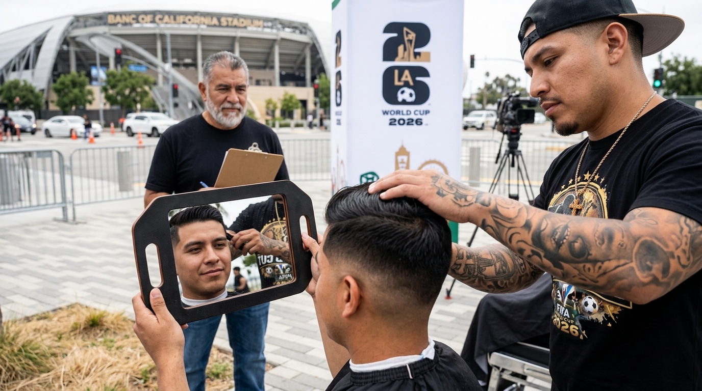 Barber David Arias in Los Angeles during the World Cup 2026 event.