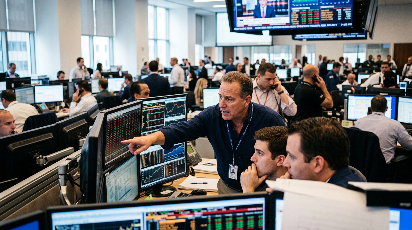 Γραφήματα χρηματιστηρίου Wall Street με σύμβολα τεχνητής νοημοσύνης και παράγωγα.