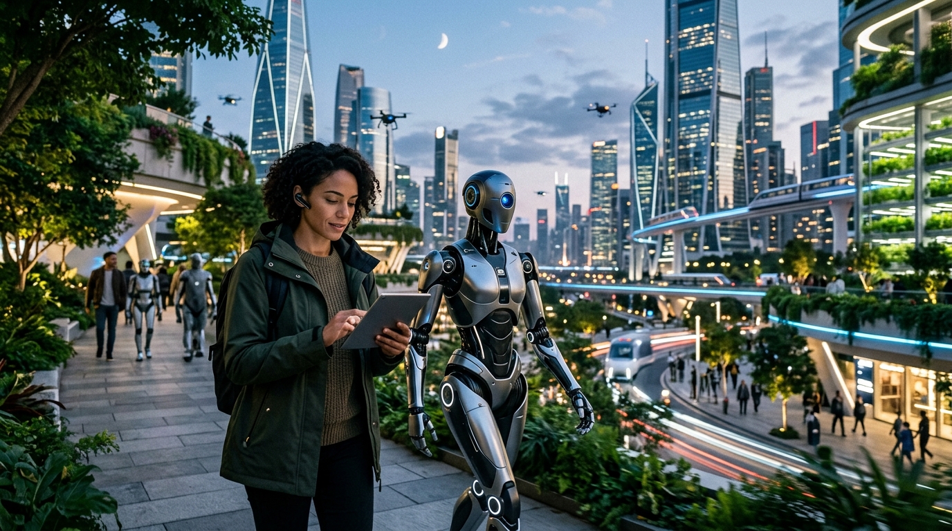 Futuristic smart city showing humans and robots coexisting in an urban environment.