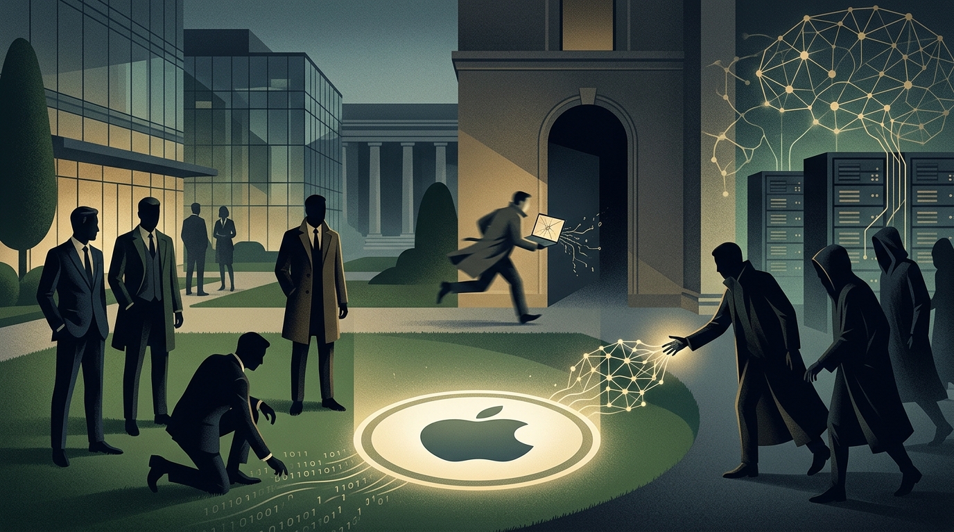Apple and OpenAI logos in a courtroom setting representing the corporate espionage lawsuit.
