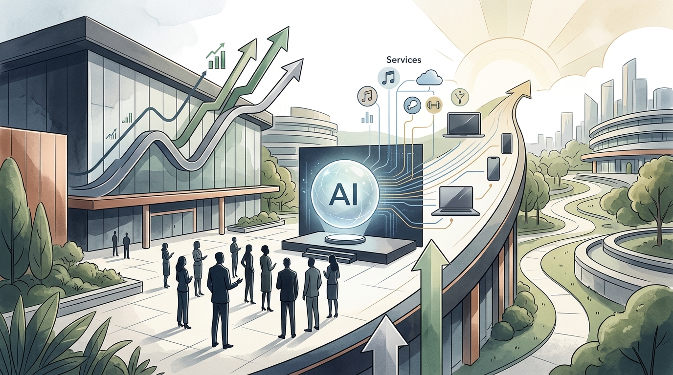 Apple logo on a digital interface representing AI and services growth.