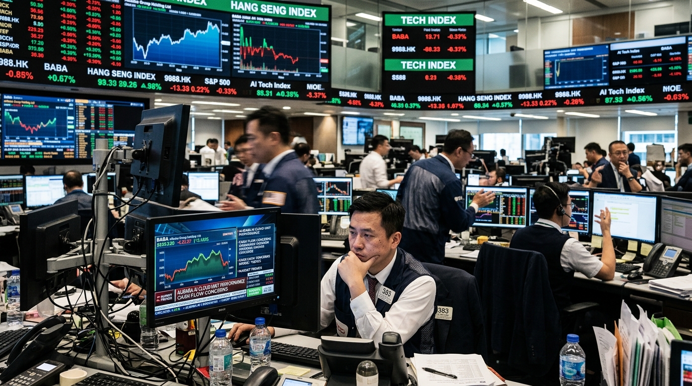 Το λογότυπο της Alibaba με φόντο ψηφιακά δεδομένα AI Cloud.