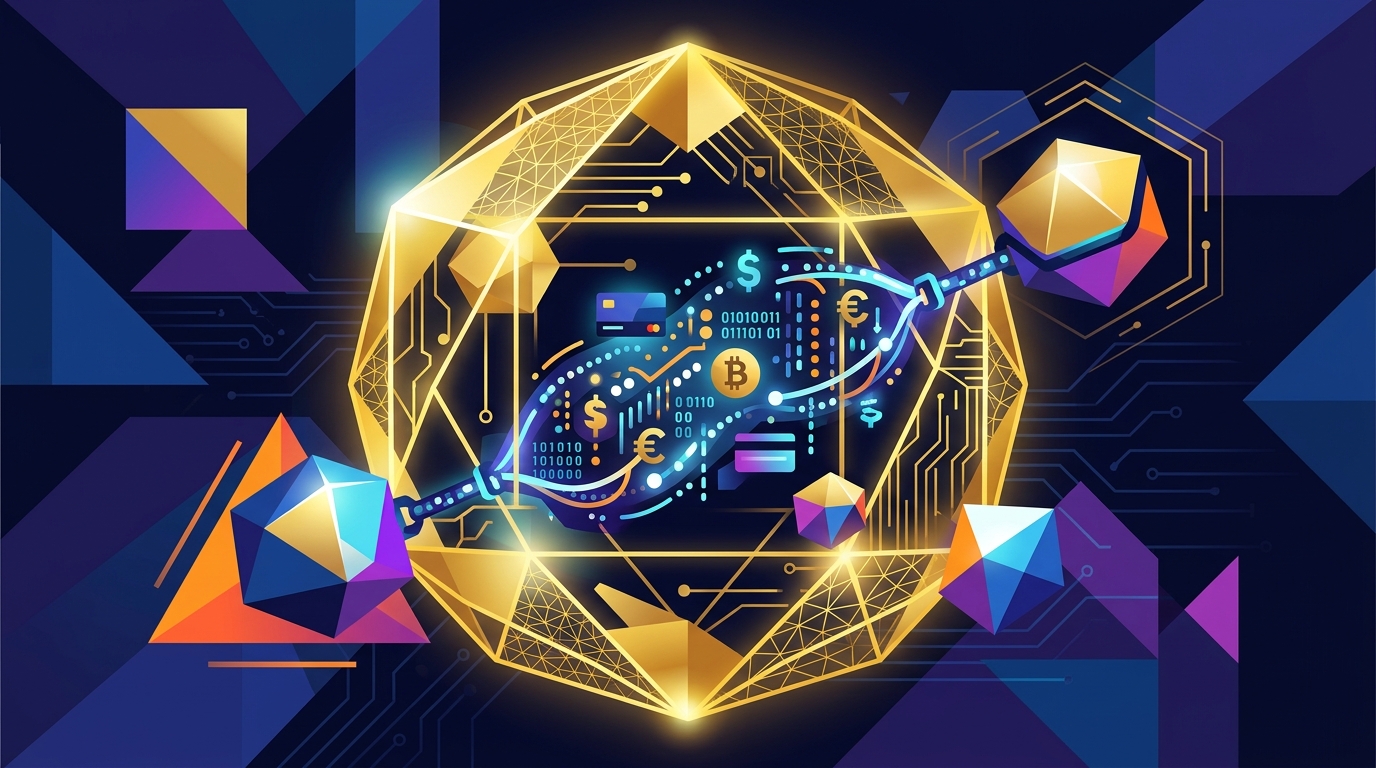 Conceptual art of Embedded Finance as digital chains in the 2026 economy.