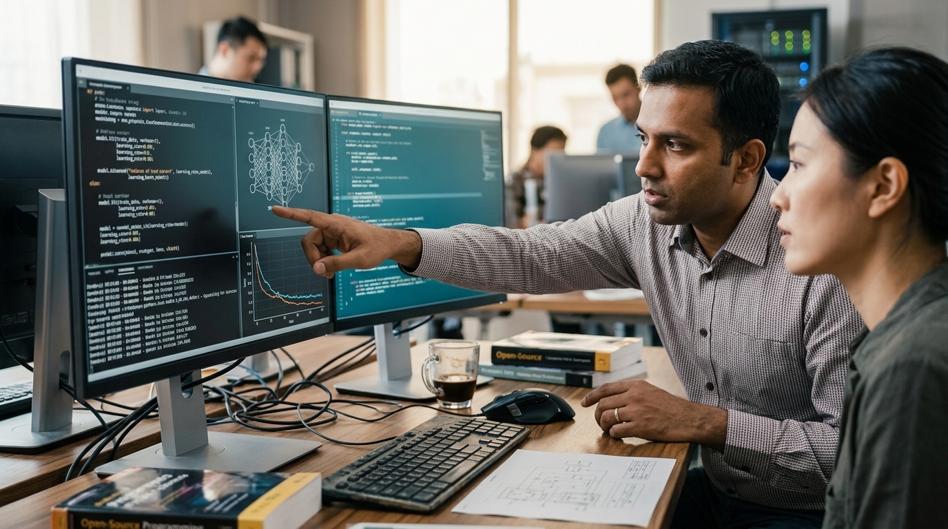 Software engineer analyzing data on AI productivity in a modern tech office setting.