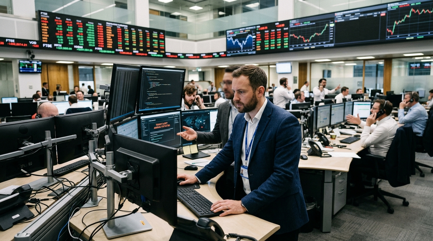 Cybersecurity expert analyzing AI-driven threats in a digital work environment.