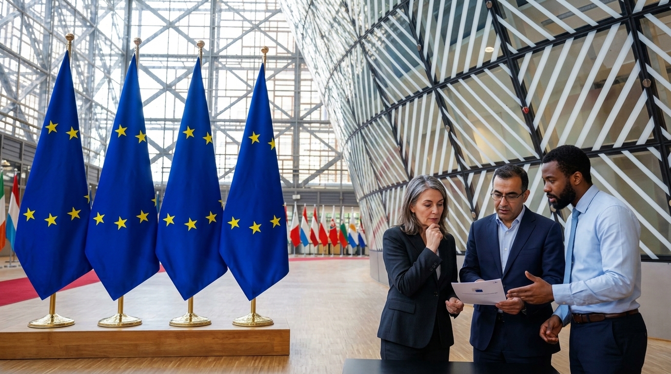 Γραφική απεικόνιση για το Ταμείο Ανάκαμψης της ΕΕ με την ευρωπαϊκή σημαία και το ορόσημο του 2026.