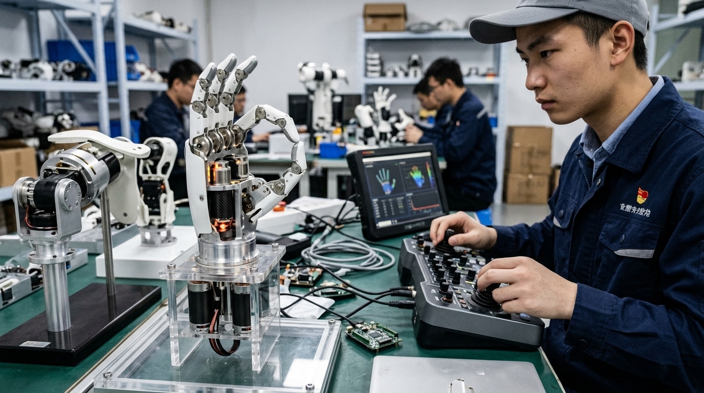 A worker in Shenzhen operating humanoid robots using VR gear for AI training purposes.